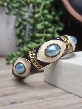 Vintage Enamel & Blue Cabochon Hinged Bangle Bracelet